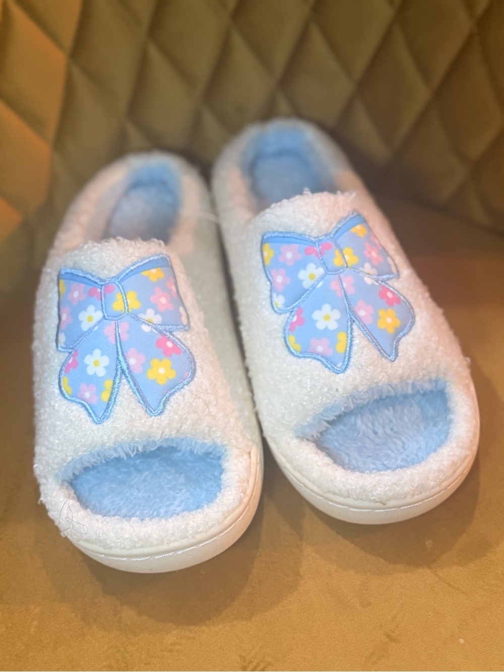 Fuzzy Open-Toe Slippers with Blue Floral Bow